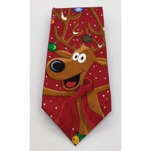Hallmark Christmas Silk Necktie. Red Yule Tie Greetings Brown Reindeer & Scarf